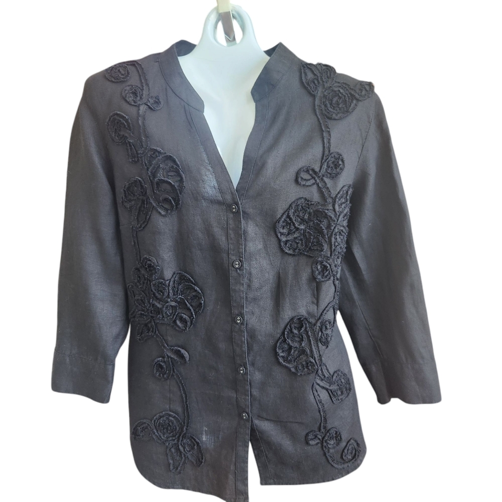 Romantic Goth Midnite Bloom 3D-Floral Embroidered Linen Top Boho Dark Fairy  14